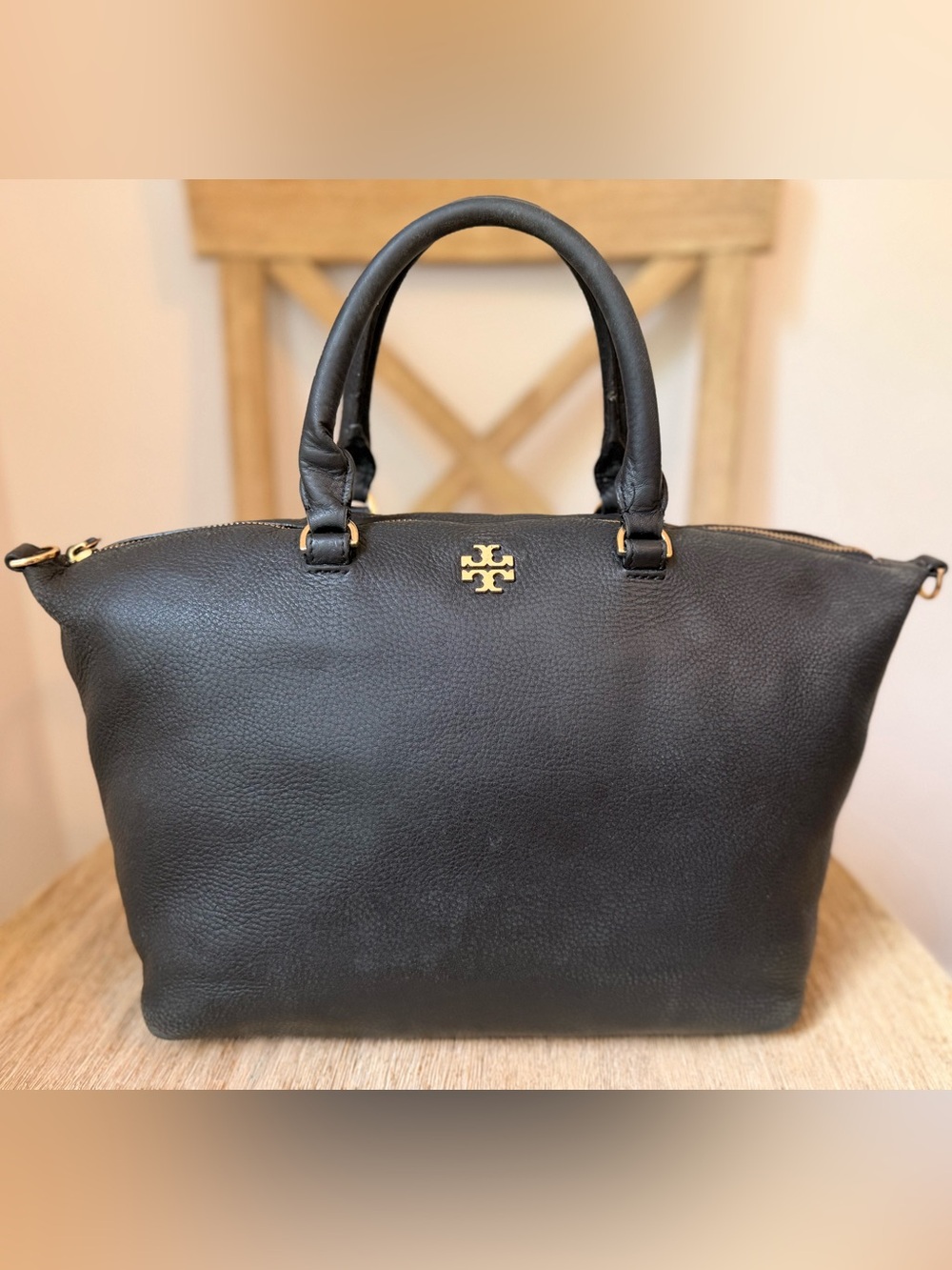 Tory Burch Frida Black Pebbled Leather Satchel Top Handle Bag